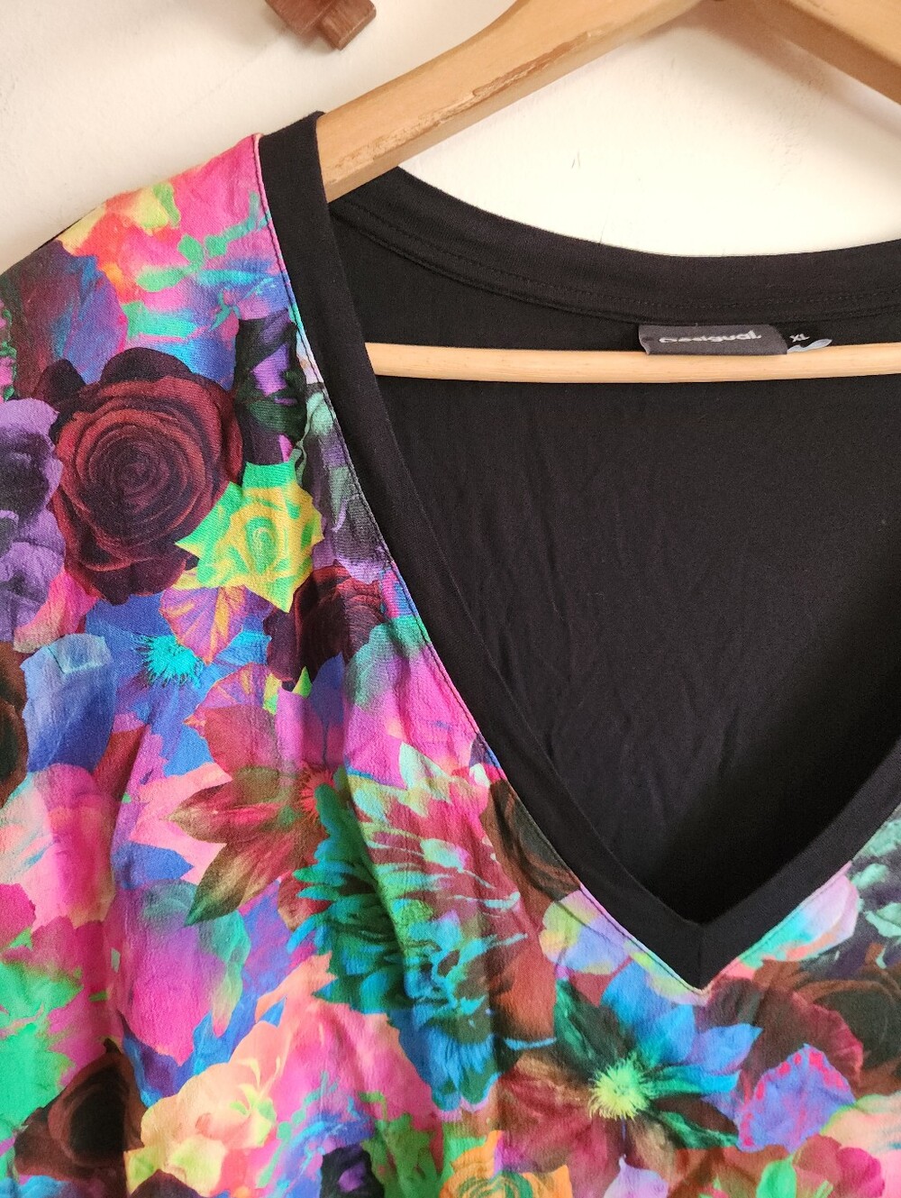 Desigual Multicolor Floral V-Neck Short Cap Sleeve Tee Viscose X Large - Picture 3 of 6